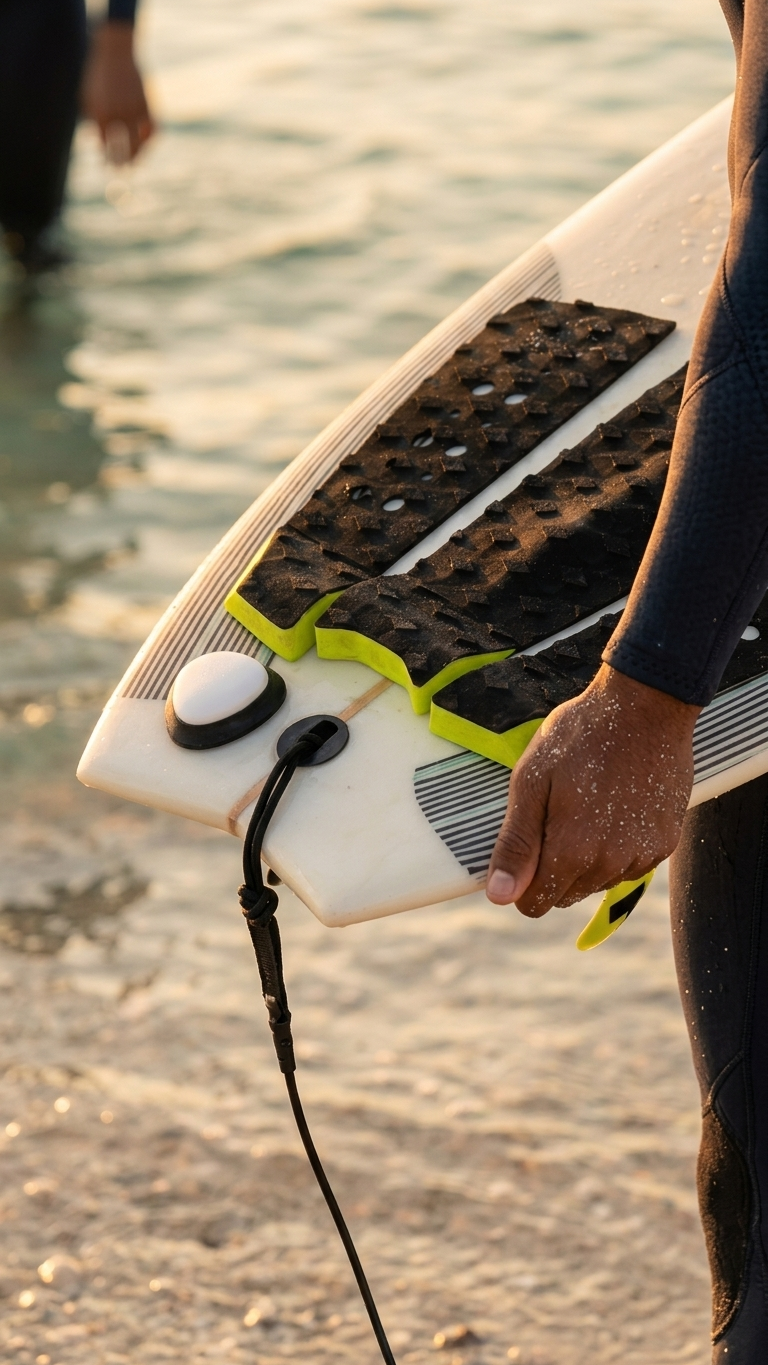 The RIPPL sensor mounted on the tail of a surfboard, golden hour